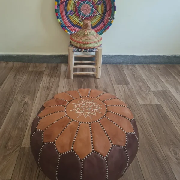 Brown & Tan Moroccan Leather Pouf – Earthy Toned Patchwork