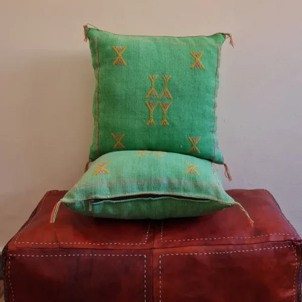 Set of 2 Green Sabra Silk Pillows – Refreshing Moroccan Cushions with Yellow Details