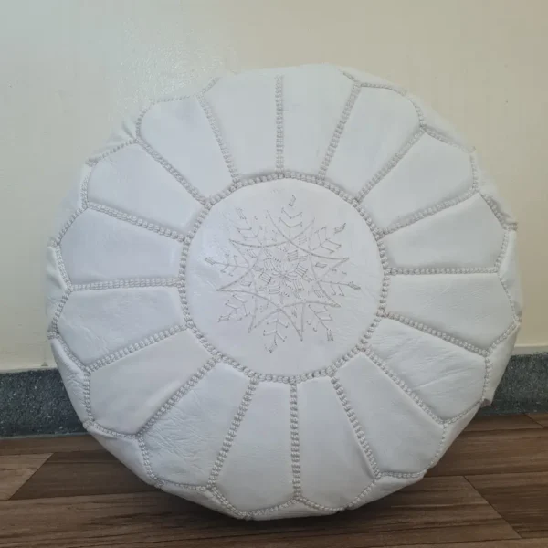 White Moroccan Leather Pouf – Clean and Elegant Look