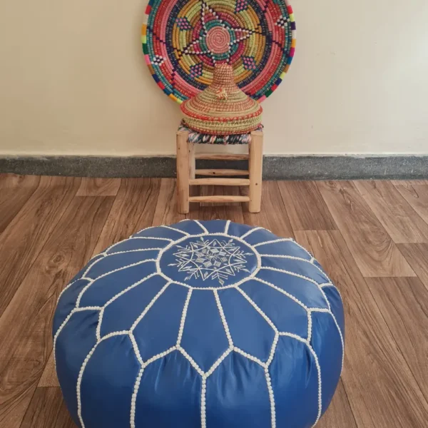 Blue Moroccan Leather Pouf – Navy Elegance with White Embroidery